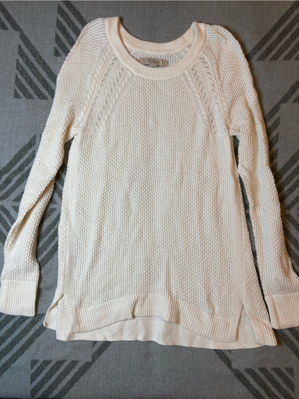 LOFT Cream Open-Stitch Crewneck Sweater